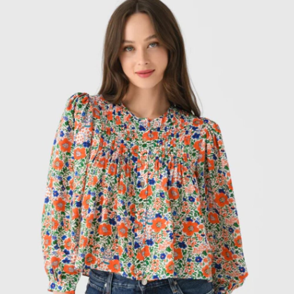 HUNTER BELL Floral Puff-Sleeve Blouse in Orange, Blue, Green